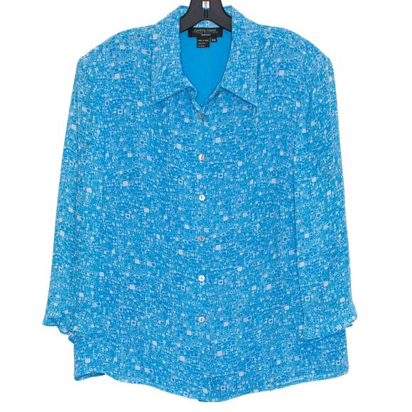 Cynthia Howie Maggy Boutique Top Silk Preppy Boho Sheer Button Up Blue Size 18W - Picture 1 of 5
